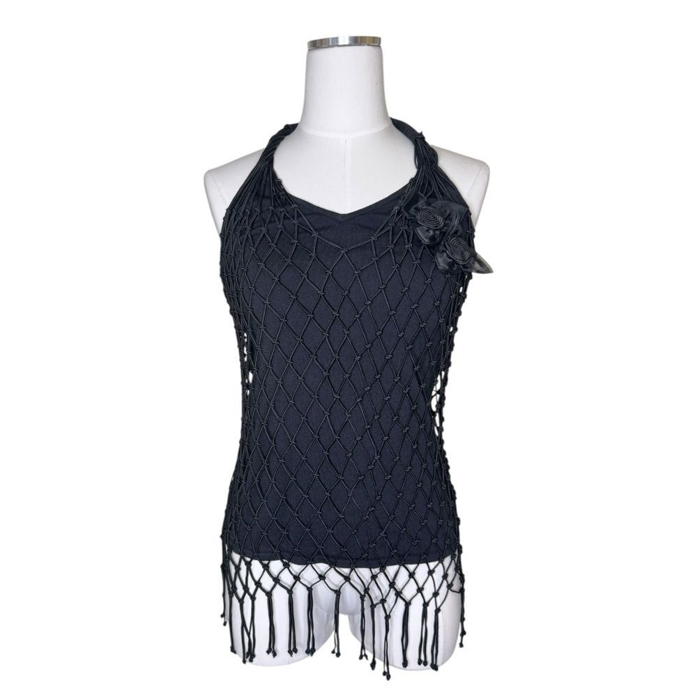 Y2K Radzoli Black Knit Whimsygoth Fringe Halter Top Size Extra Large